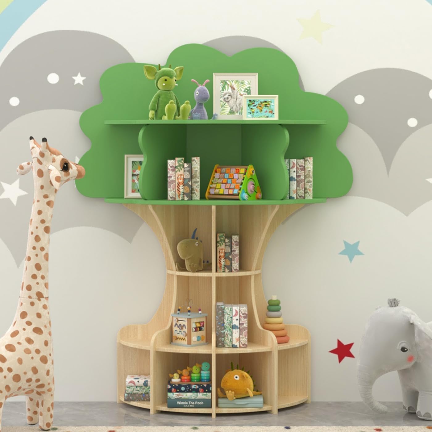 5-Tier Tree Bookshelf for Kids, Wooden Montessori Bookshelf with Toy Storage, Children’s Bookcase Organizer for Playroom or Nursery
