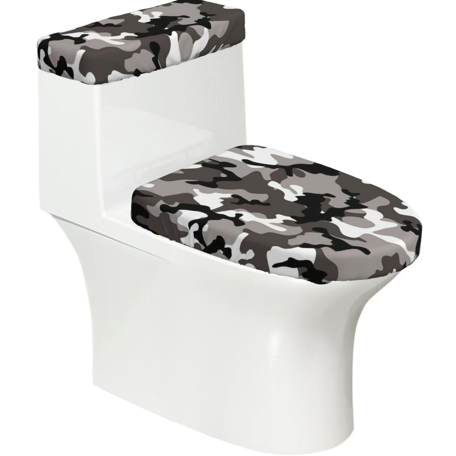 Ack Grey White Camo Print 2-Piece Stretch Toilet Cover Set, Elastic Breathable Toilet Seat and Tank Lid Protector