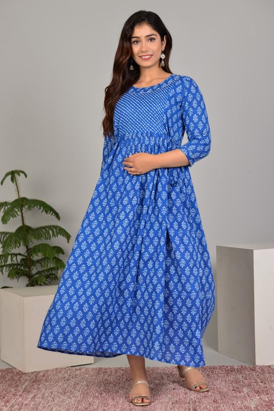 Image of Women's Pure Cotton Printed Maternity Gown /Maternity wear /Feeding Gown A-line Maternity Feeding Dress Maternity Kurti Gown for Women