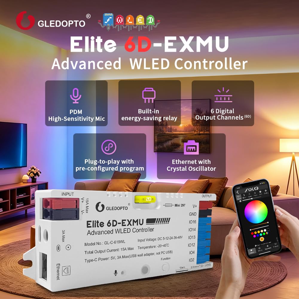 GLEDOPTO Elite 6D-EXMU cyfrowy kontroler WLED, 6 kanałów wyjściowych, Ethernet/WiFi, mikrofon PDM, przekaźnik oszczędzania energii, kompatybilny z Alexa i Home Assistant