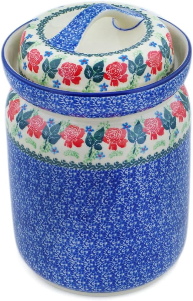 Polmedia Polish Pottery Fermenting Crock with Water Seal Airlock - Rose Wreath Pattern Handmade in Boleslawiec Poland by Ceramika Artystyczna + Certificate of Authenticity