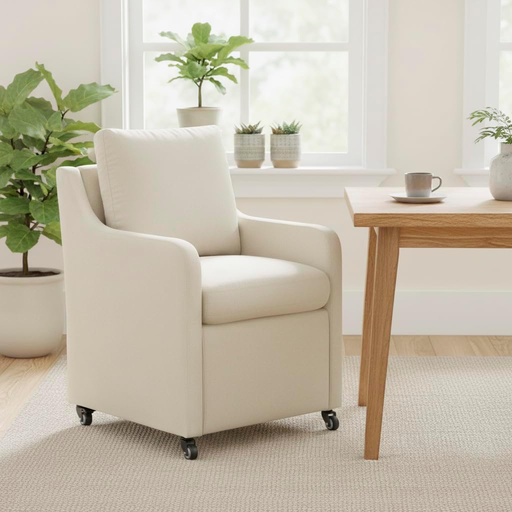 Rolled Dining Chair with Casters, Upholstered Modern Rolling Armchair with Wheels for Kitchen (1, Fabric Beige)