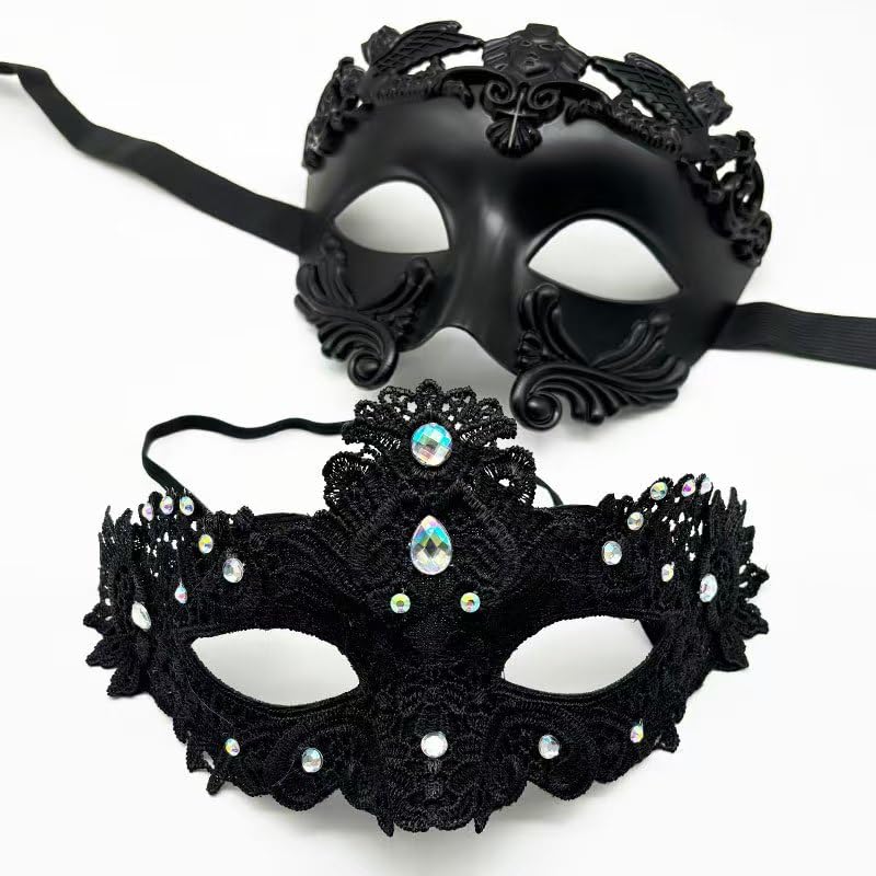 MZinge Couple's Masquerade Masks Set – Luxury Lace & Antique Roman Greek Venetian Style for Prom, Halloween, Mardi Gras Wedding & Costume Party (black)
