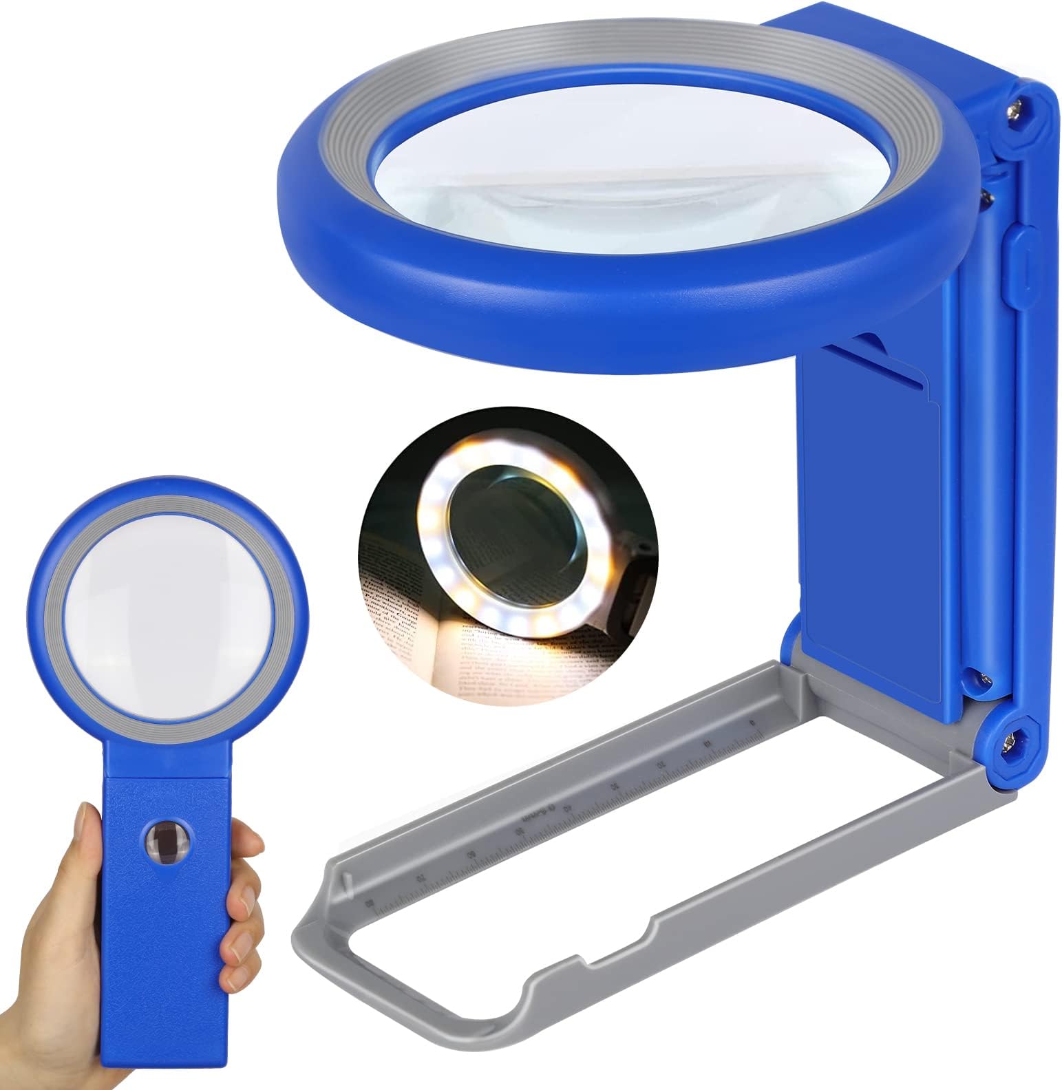 Magnifying Glass with Light and Stand, Foldable Handheld Magnifying Glass 18 LED Illuminated Lighted Magnifier for Macular Degeneration, Seniors Reading, Close Work, Coins, Jewelry Blue
