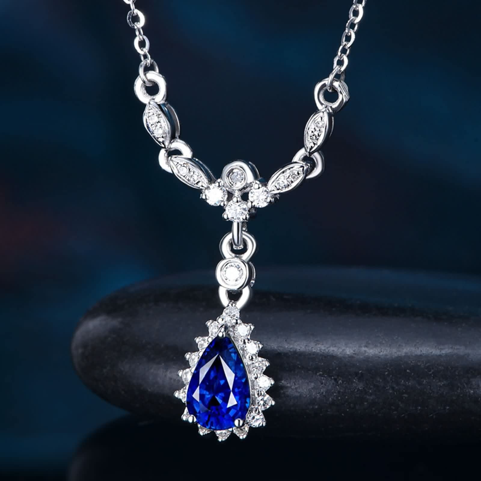 Joya de oro real de 18 quilates, collar de oro blanco para mujer, estilo Art Nouveau, cadena de mujer con corte de gota de 0,5 quilates, azul zafiro, Au750, cadena de oro para mujer, regalo