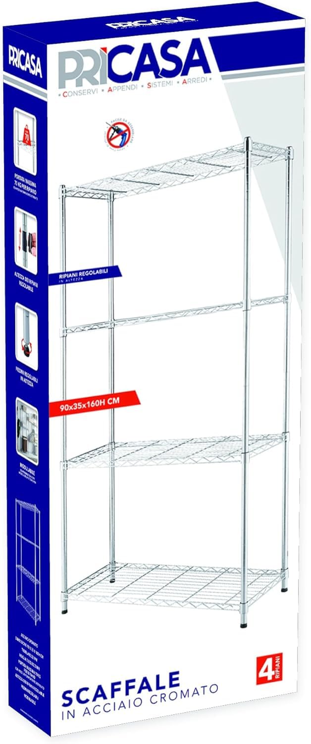 Regal aus verchromtem Stahl, 5 verstellbare Einlegeböden, maximales Gewicht 350 kg, Montage ohne Werkzeug, für Garage, Haus, Büro, Lager (90 x 35 x 180 cm)