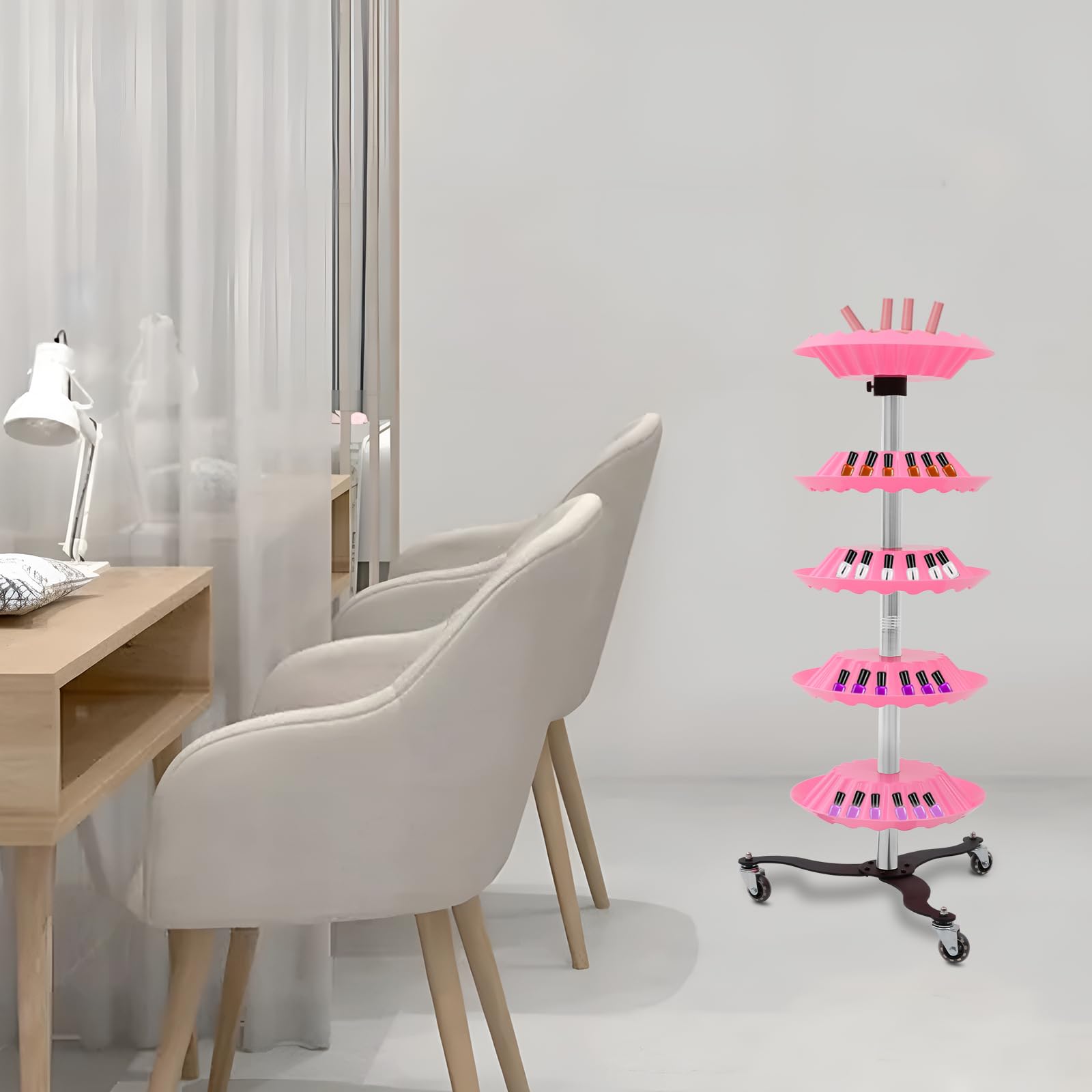 Supporto girevole per smalti a 5 livelli, con ruote e funzione di rotazione a 360° | Organizer girevole a 5 ripiani con ruote: robusta struttura in acciaio inox e fissaggio sicuro grazie alle scanalature