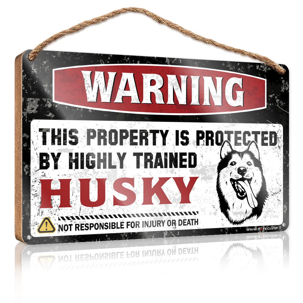 FRINTOXA Funny Family Signs Wall Art Warning This Property Is Protected By A Highly Trained Husky Wooden Sign(15X28CM)
