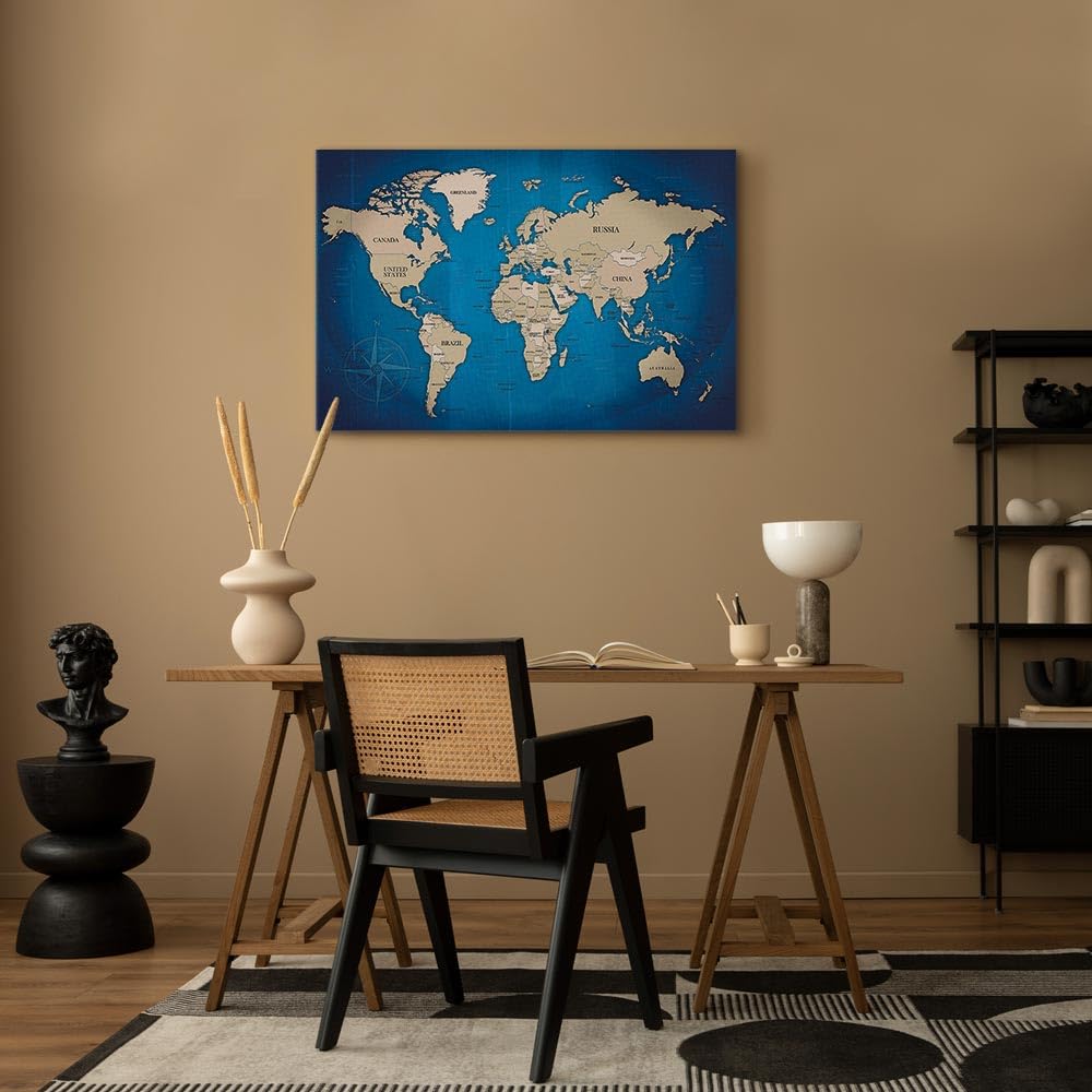 B&D XXL - Quadro Moderno Acustico per Soggiorno, Mappamondo, 90x60 cm