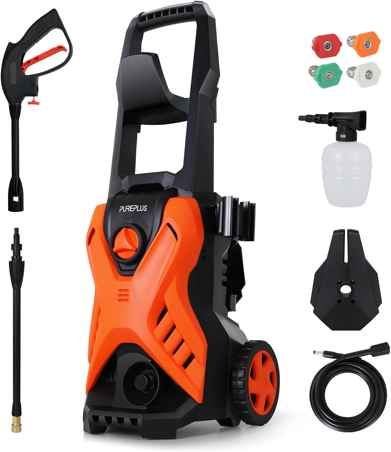 PUREPLUS Electric Pressure Washer, Max 3000 PSI 1.8 GPM Car Power Washer, 35 FT Power Cord, 20FT Hose, 4 Quick-Connect Nozzles, Soap Cannon, Spray Gun for Cleaning Cars, Fences, Gardens Wheeled ORANGE