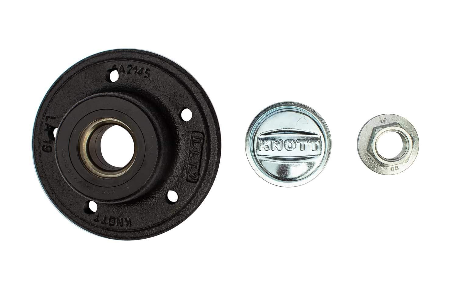 Knott Buje con Rodamiento Compacto 5x112 para Ejes de Remolque sin Freno VG7, VG10 y VG13, Kit de Repuesto Original de 34x64x37 mm con Tapa de Cubo y Tuerca Brida