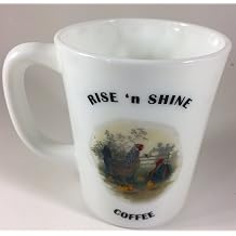 Coffee Cup - Milk Glass Mug - Rosso Exclusive - American Made - Mosser Glass USA Milk w/"Rise N Shine" w/Hen & Rooster