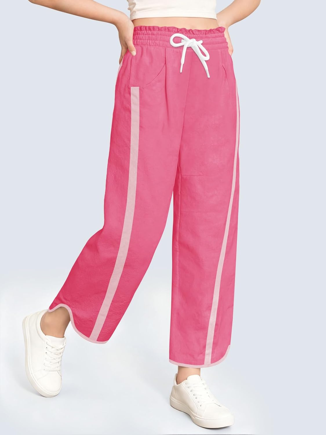 Haloumoning Girls Baggy Wide Leg Pants Kids Striped Elastic Waist Parachute Track Pants with Pockets 5-14 Years - Image 3