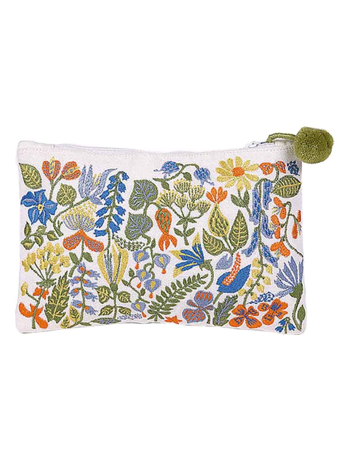 INIHOM Spring Garden Embroidered With Pom Pom Attached Cotton Pouch for Women and Girls