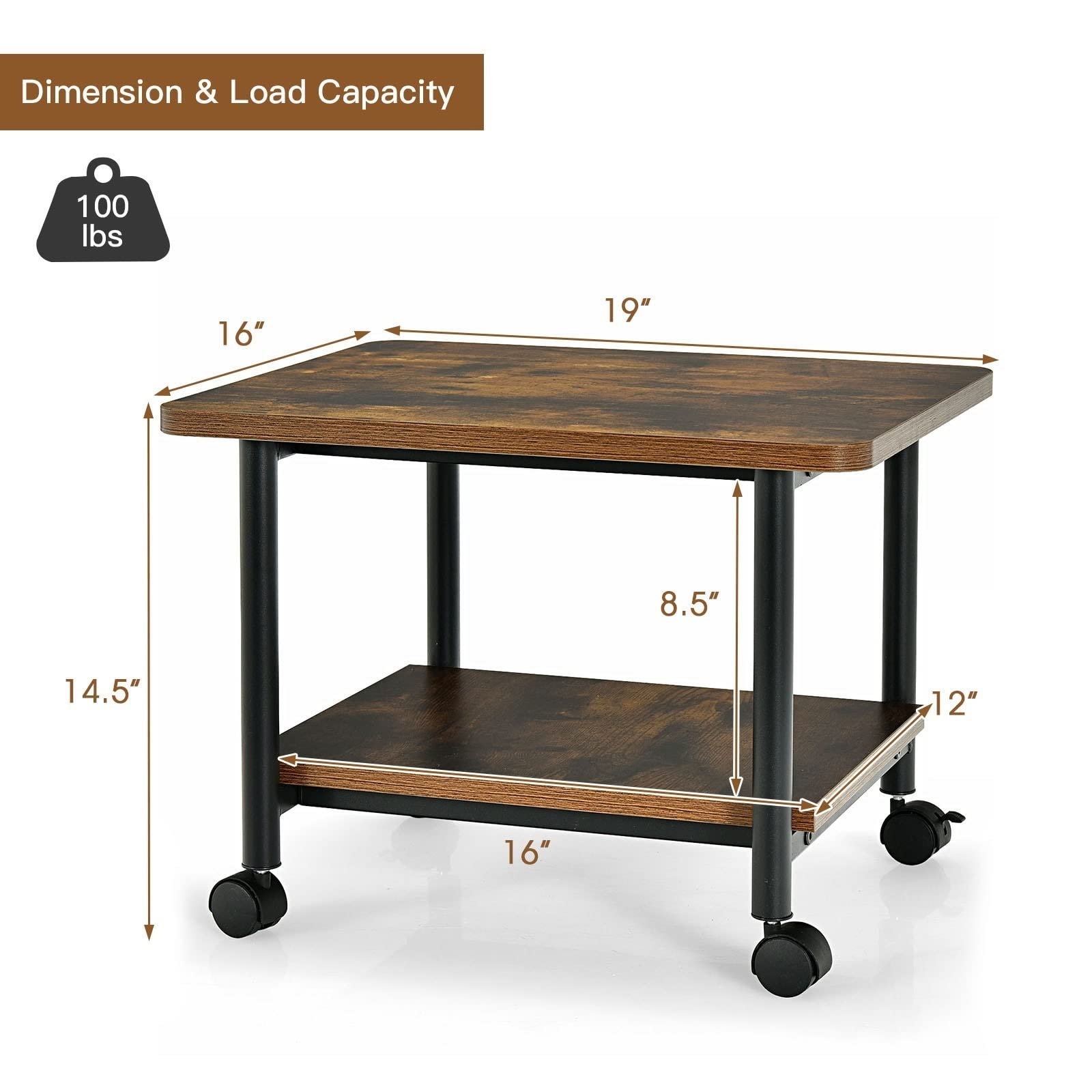 Soporte industrial para impresora de viento de 2 niveles, para coche, oficina en casa, con ruedas, estante para impresora