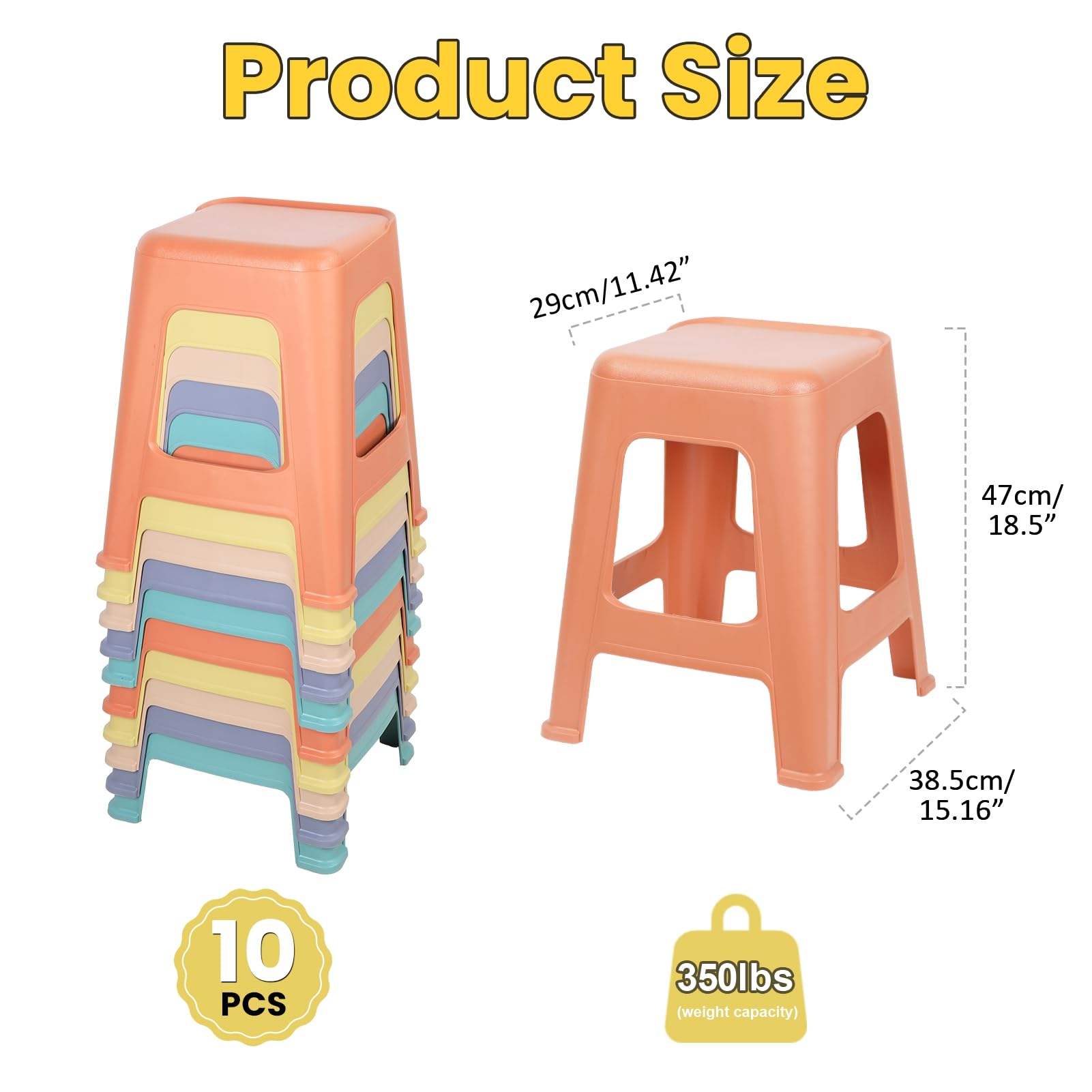 Zestaw 10 plastikowych stołków do układania w stos, wysokość 47 cm, z PP, dobre wodoodporne przenośne krzesło antypoślizgowe do łazienki, klasy, biura, domu, nośność 159 kg 10 szt