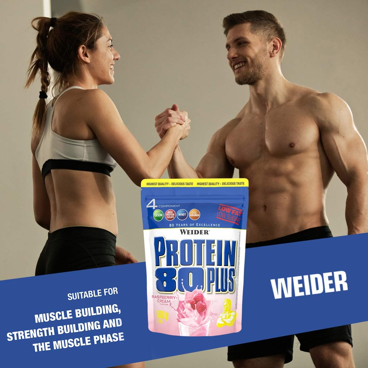 Weider Protein 80 Plus Protein Powder, Raspberry Cream, 4 Multi Component High Quality Protein Sources, Low Fat & Sugar, 500g - Image 5