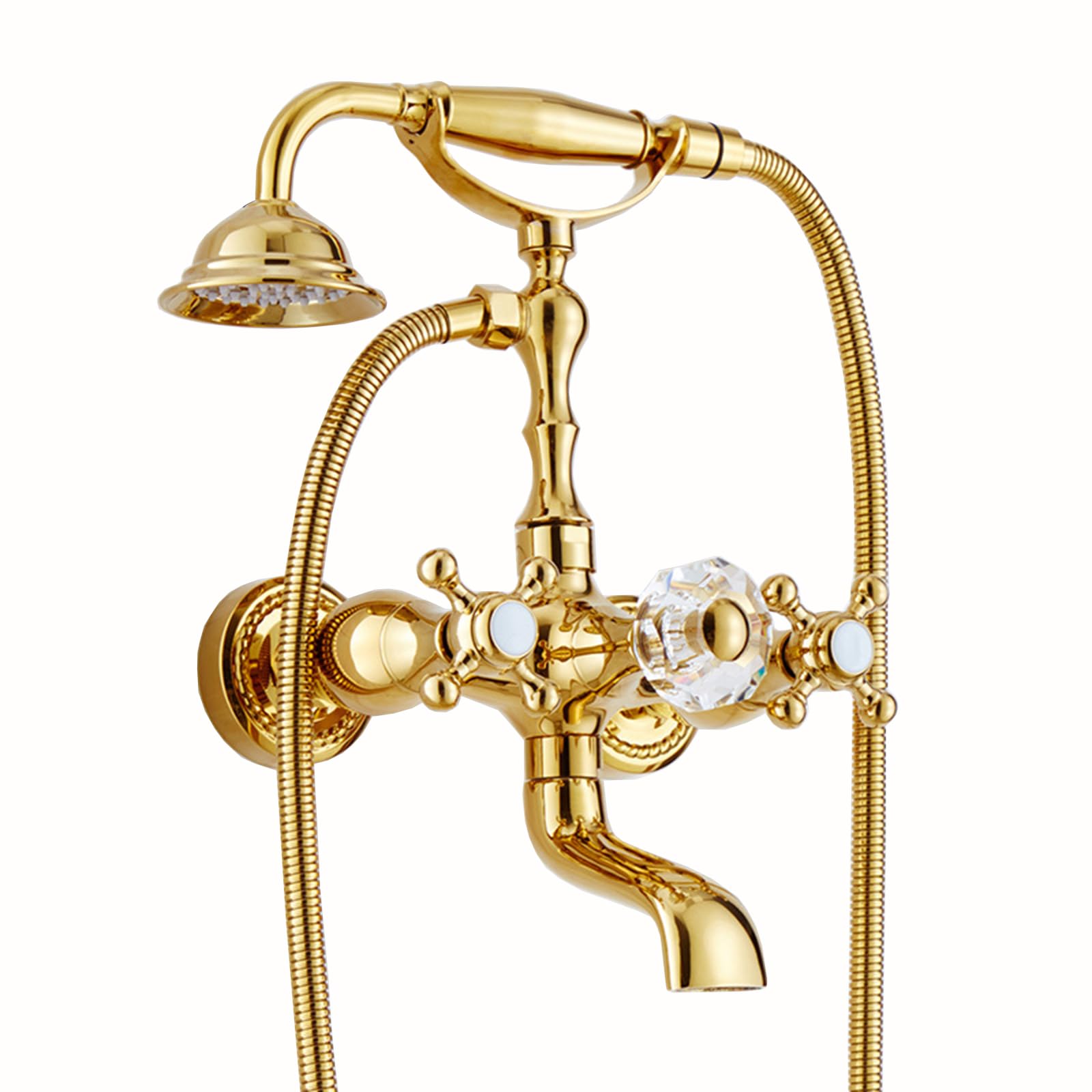 CWCQGH V-intage Clawfoot Bath Tub Faucet Set Gold 2 Functions Double Cross Handle Wall Mounted Bathtub Faucet with Hand Shower Brass Clawfoot Tub Shower Faucet Set, A,Sprinkler,B
