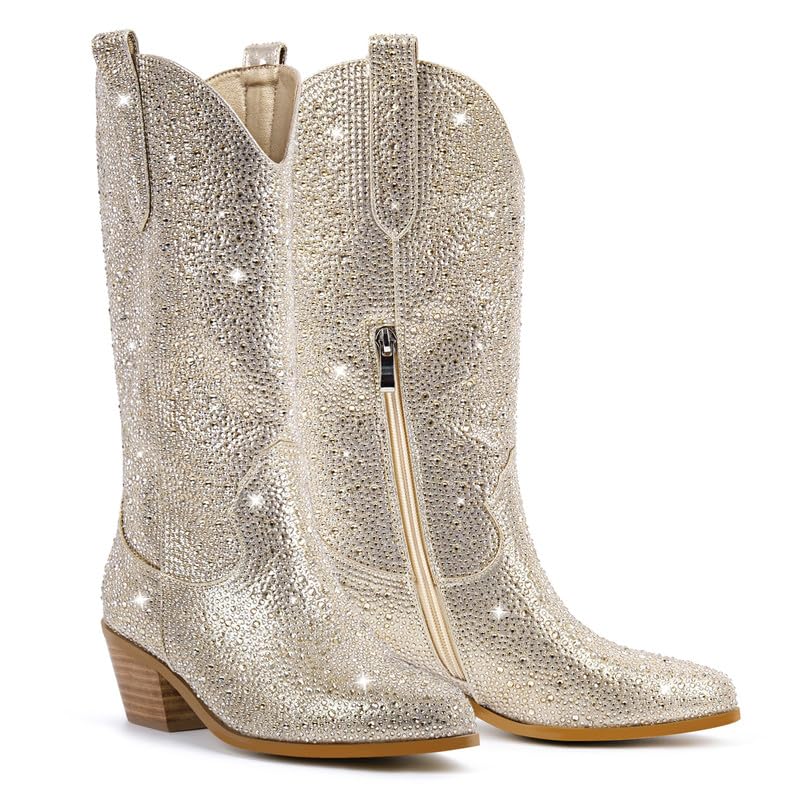 Image of Richealnana Sparkly Rhinestones Cowboy Cowgirl Style Boots Calf High Boots for Women 2INCH Heeled Shining Pull On Tabs