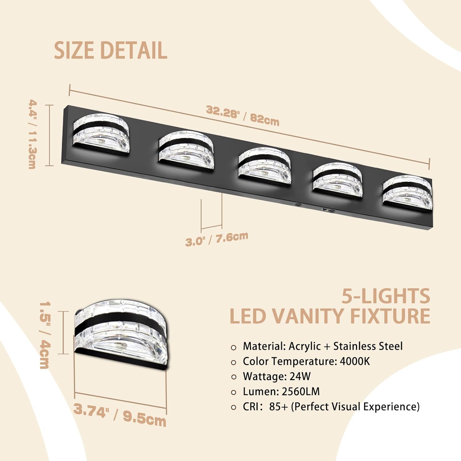 LED Bathroom Vanity Light, 360°Rotatable, Nature White 2560LM 5 Light, Black Modern Matte Bathroom Lighting Fixtures, Over Mirror Vanity Lights for Living Room, Bedroom ETL Certified