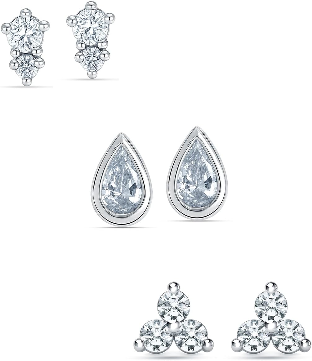 LeCalla Set of 3 Pairs 925 Sterling Silver Cubic Zirconia Stud Earrings for Women | Rhodium-Plated CZ Earrings Set with Evil Eye, Star, Moon, Lightning, Teardrop & Trio Designs