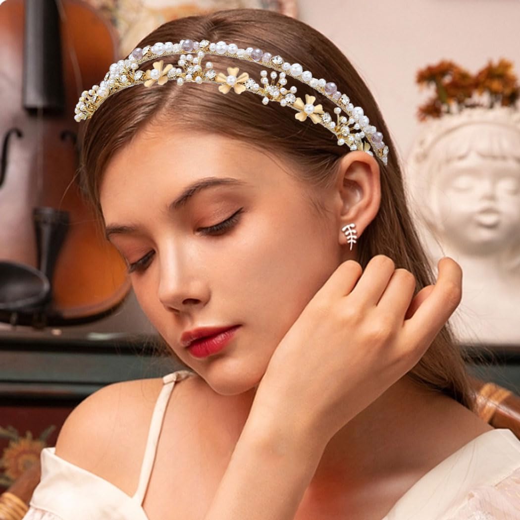 Amazon.com : Firuilo Gold Double Headbands Gray Pearls Hair  display picture 1