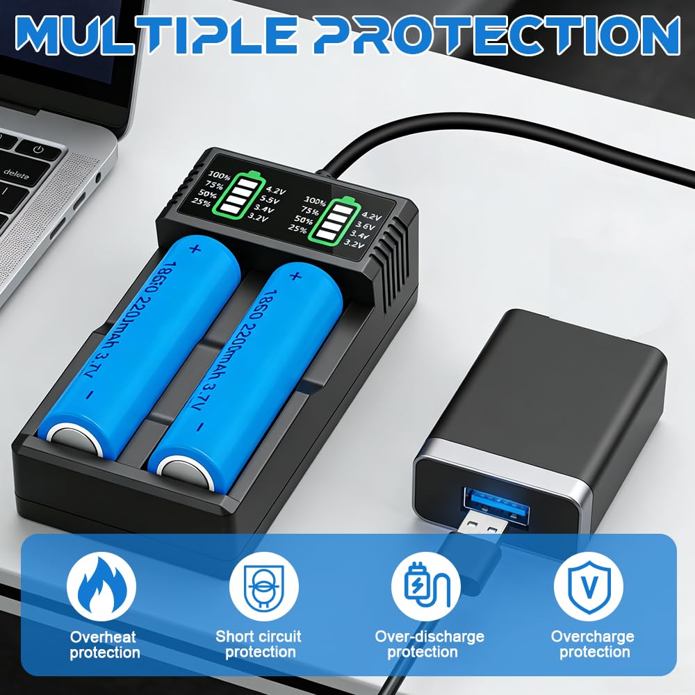 18650 Battery Charger Set with 2 Pack 3.7V 2200mAh Pointed Batteries, Pengrity 18650 Rechargeable Battery, USB 2 Slot Charger with LCD Display Smart, for 26650 21700 14500 18650 — view 6