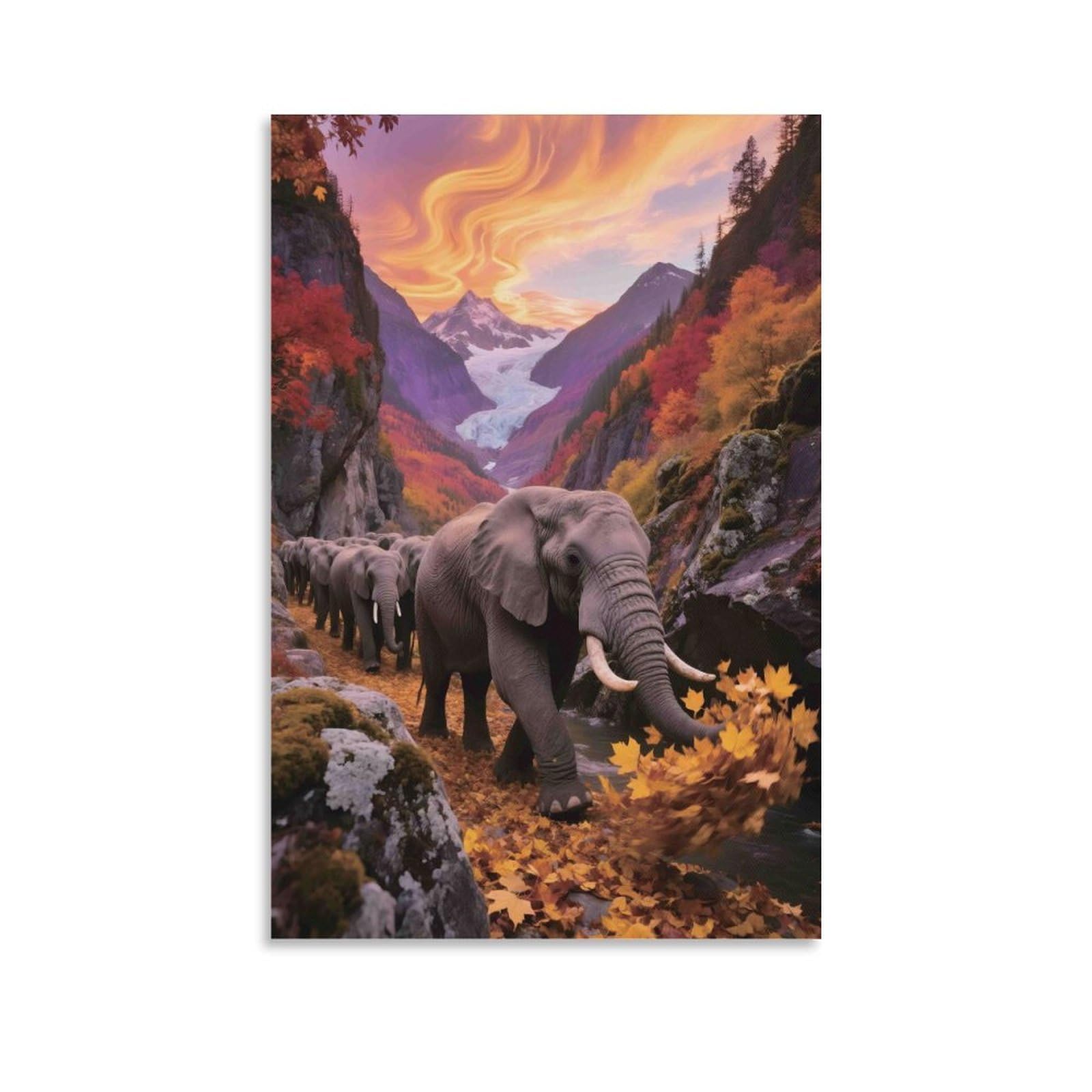 DHBANEIOK Elephant Herd Mountain Poster Artwork Canvas Prints Picture Modern Canvas Wall Art Picture Wall Hanging for Dining Room Kitchen Home Office Decor 24x36inch(60x90cm)
