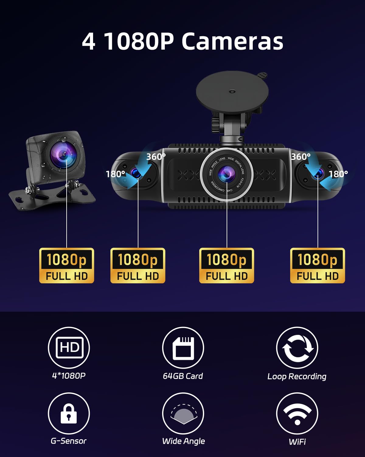 NHOPEEW Dash CAM de 4 Canales - 360°rotación Frontal Trasera Interior Izquierda Derecha 3 Pulgadas Auto Dashcam - Soporta grabación en Bucle G-Senseor Parking Monirot WiFi + Tarjeta de 64GB Gratis