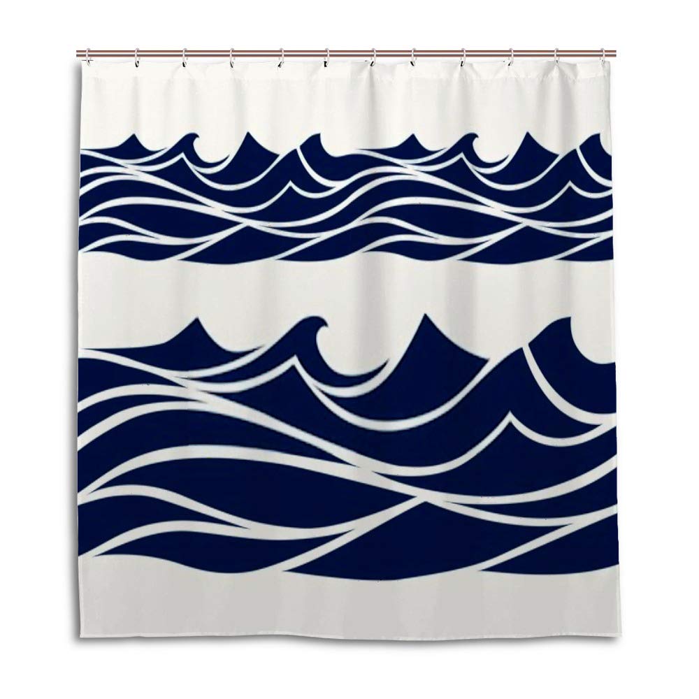Rideau de douche bleu vagues 180x180 cm avec crochets en C