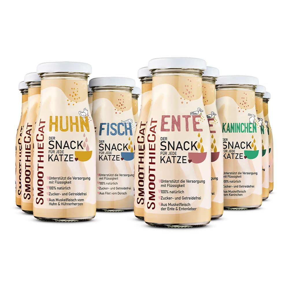 Katzen Smoothie SmoothieCat 12er Mix - je 3X: Huhn, Ente, Fisch, Kaninchen - Flüssignahrung für Katzen - Katzensuppe - Katzenmilch - Zucker- & glutenfrei - je 150ml