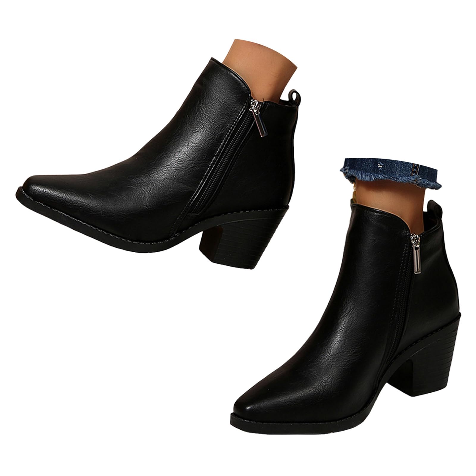 ZSpzx Women Retro Leather Ankle Boots Chunky Block High Heels Square Toe Western Booties Side Zipper Solid Color