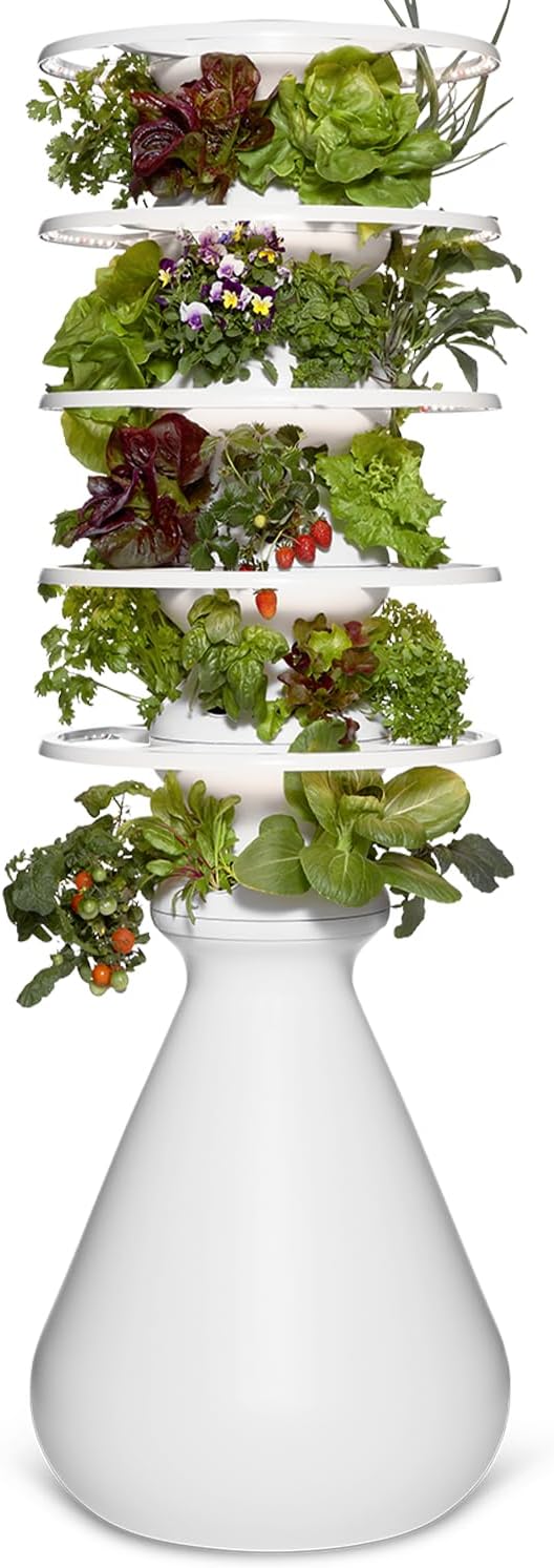 Lettuce Grow Farmstand Starter Kit with Glow Rings + 30 Seedling Credits | 5 ft Vertical Hydroponic Garden Tower | Self-Watering Family Growing System for Vegetables, Herbs & Greens