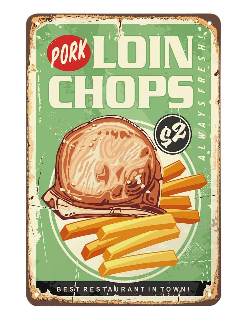 SMAZDFXX Pork Loin Chops Tin Sign,Delicious Meat Food Best Restaurant In Town Vintage Metal Tin Signs for Cafes Bars Pubs Shop Wall Decorative Funny Retro Signs for Men Women 5.5"x8"