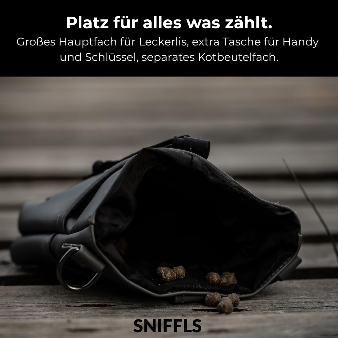 Leckerlibeutel für Hunde - Futterbeutel Hundetraining, Grau | Einhand-Kordelzug, Bruchsicherer Metall-Clip, Wasserabweisend, Mit Handy- und Kotbeutelfach, Recyceltes Material