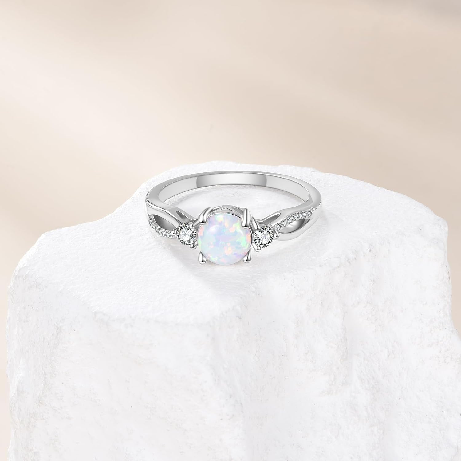 1CT Opal Engagement Ring 925 Sterling Silver Round Shape Opal Promise Rings for Women with Cubic Zircornia October Birthstone Ring - Image 6