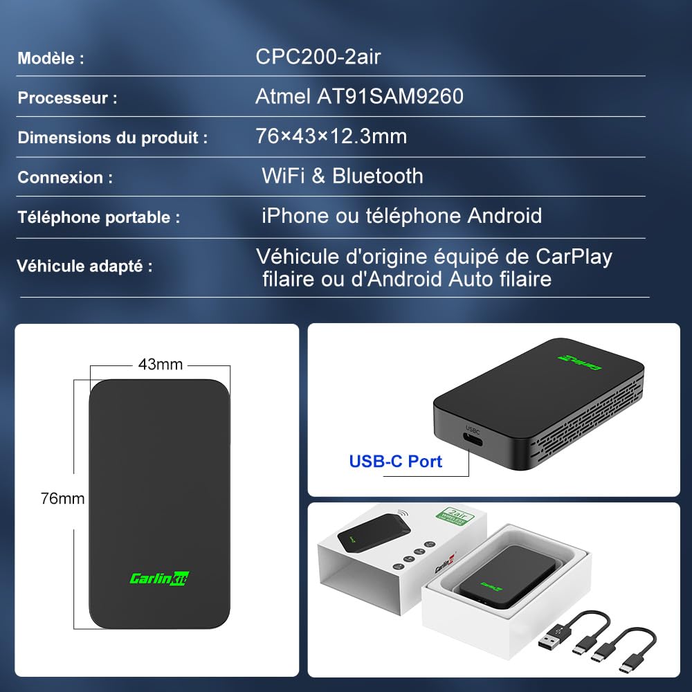 Carlinkit 5.0 Adaptateur CarPlay sans Fil & Android Auto sans Fil 2 en 1,pour carplay Filaire et Android Auto Filaire,Conversion et Mise à Niveau vers Le CarPlay et Androidauto sans Fil,Type-C/USB-A