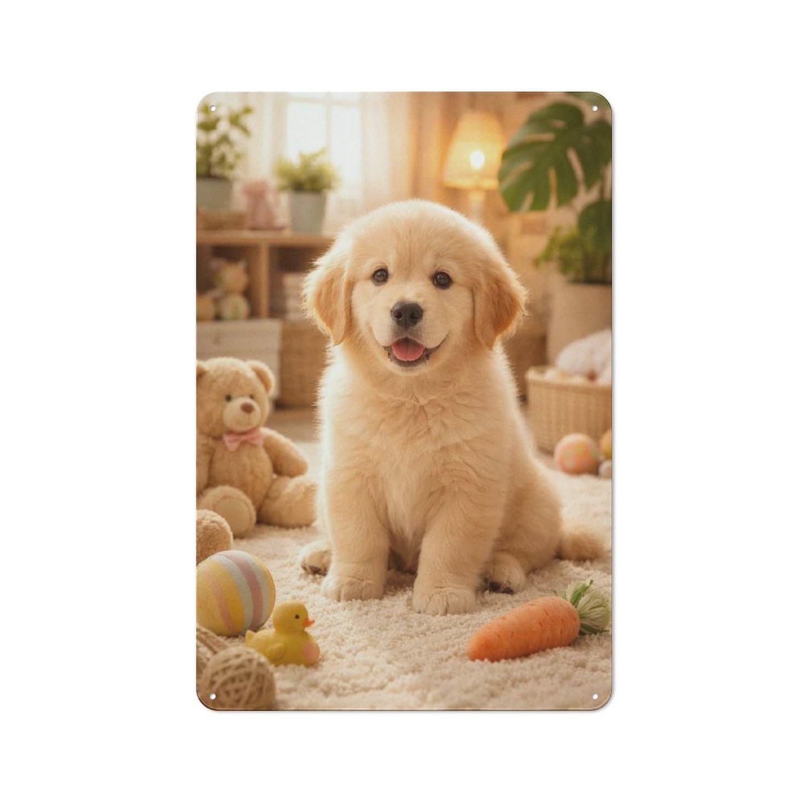 Tin Wall Plaque 30x20cm with Golden Retriever Puppy with Toys for Studio Or Craft Room, Suited to Studio Decor Lovers