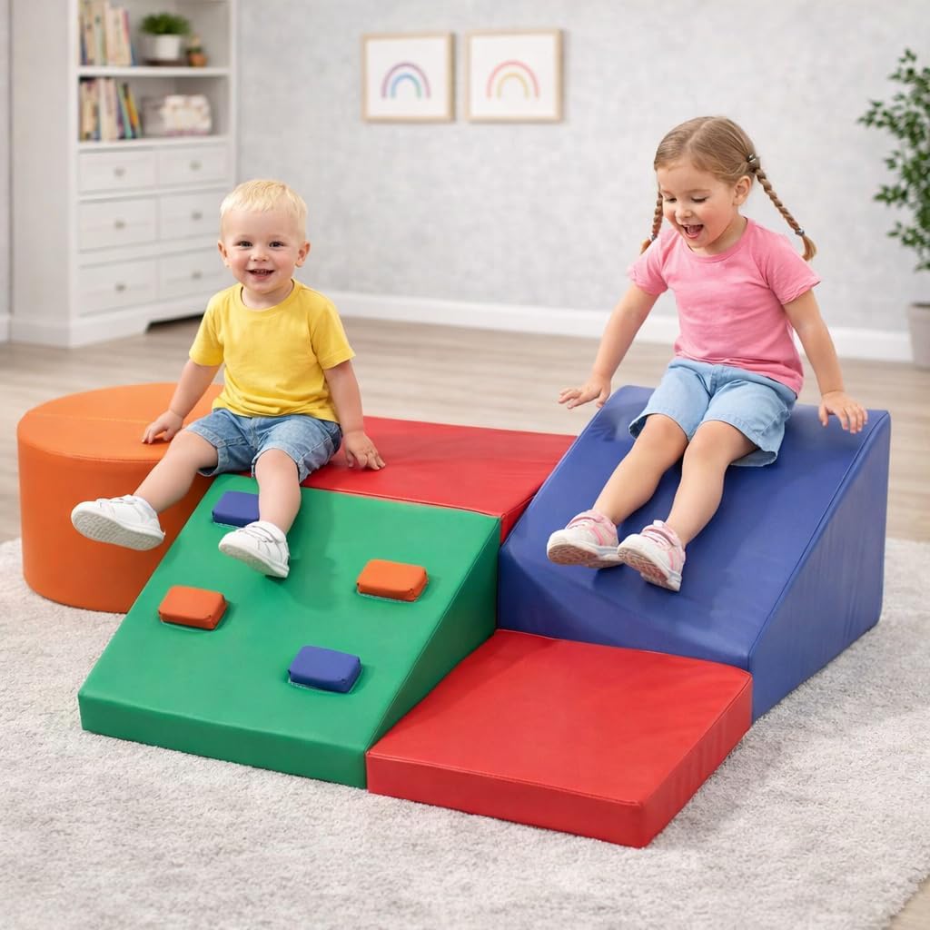 IDEALHOUSE Soft Play Climbing Blocks for Toddlers, 5-Piece Foam Play Set for Indoor Crawling, Climbing & Sliding, Safe Activity Building Toys for Kids Ages 1–3