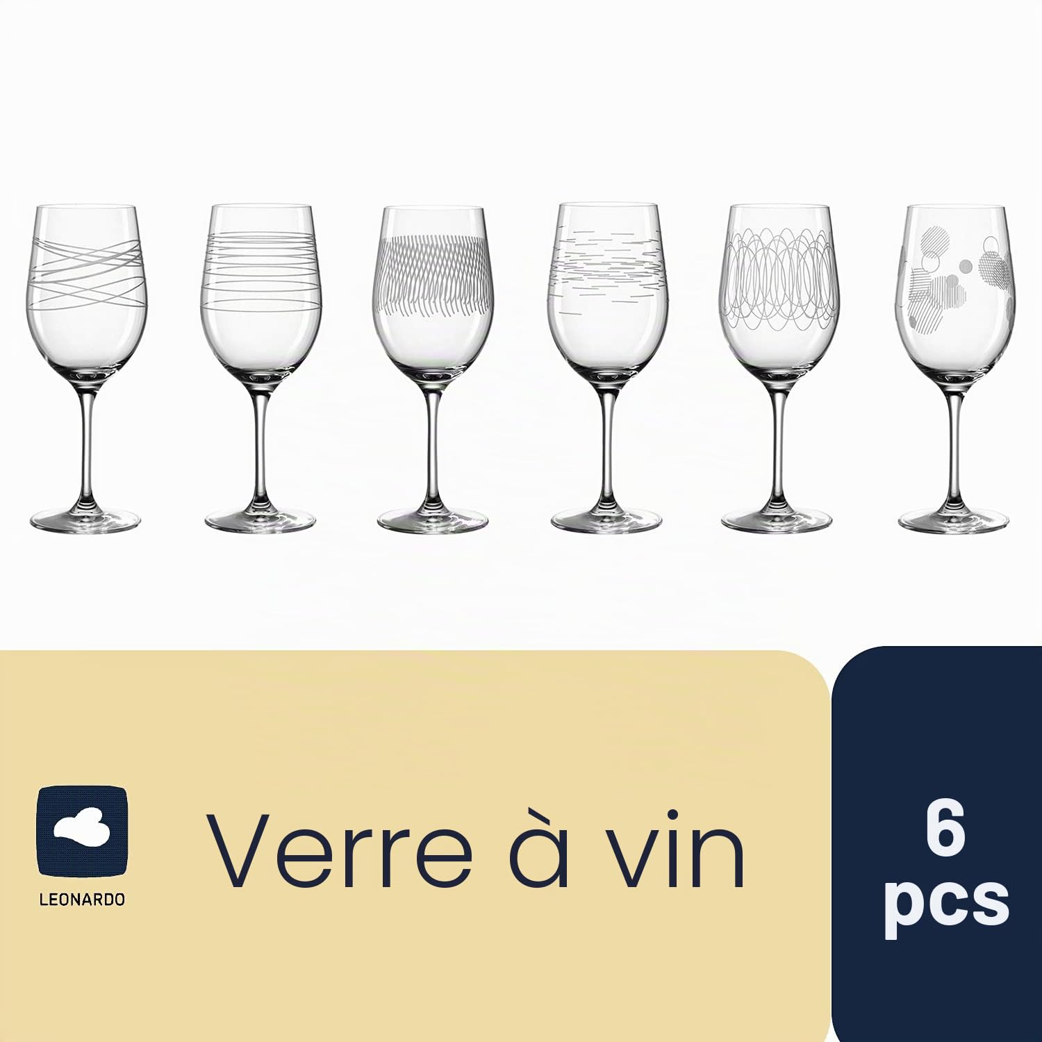 Leonardo Casella 061799 Lot de 6 verres à vin, calices à pied, convient au vin rouge et blanc, avec motifs, passent au lave-vaisselle, résistant aux chocs, 430 ml