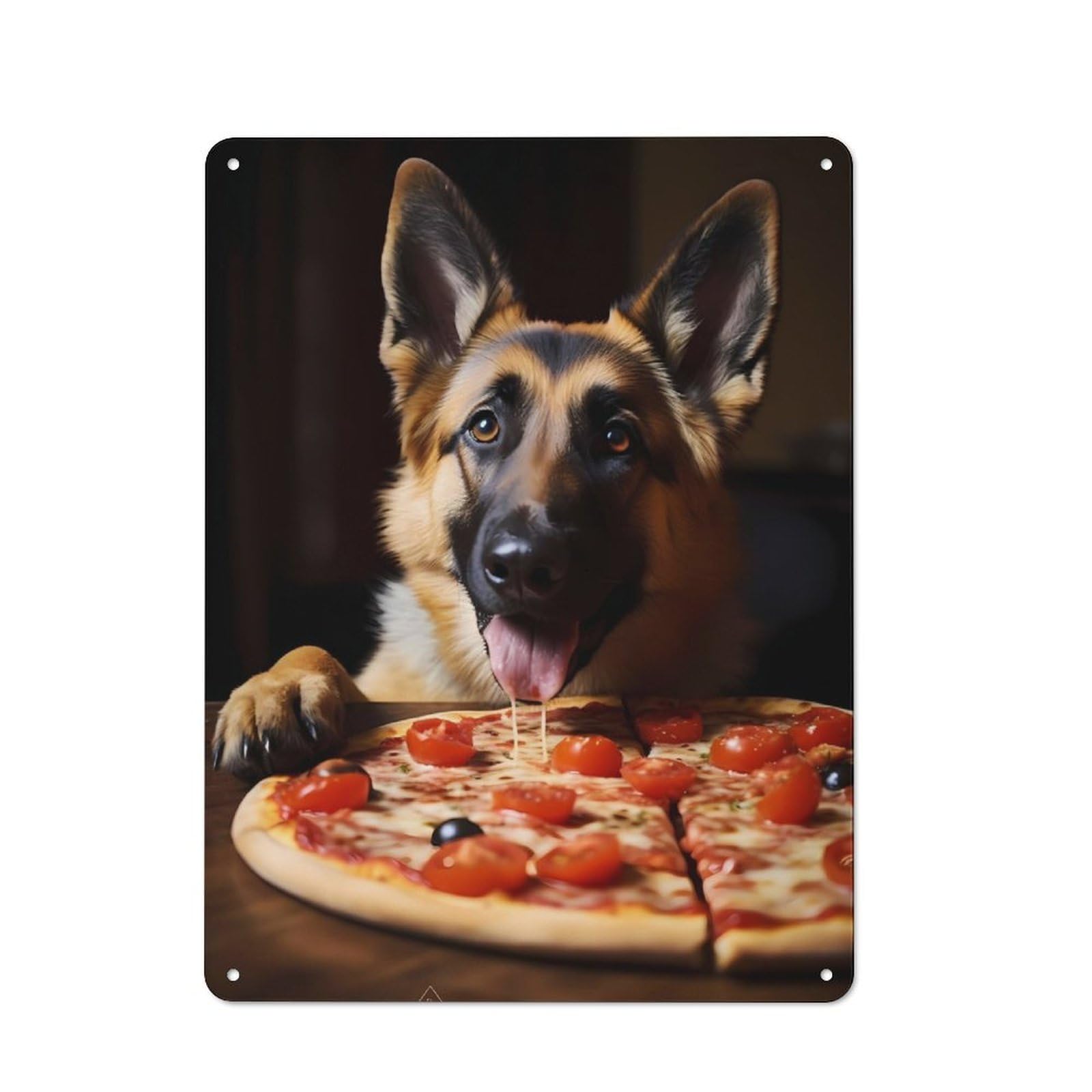Warehouse Style Tin Wall Sign 40x30cm Featuring German Shepherd Pizza Dog, Loft Wall Plaque for Loft, Studio, Office Or Creative Room