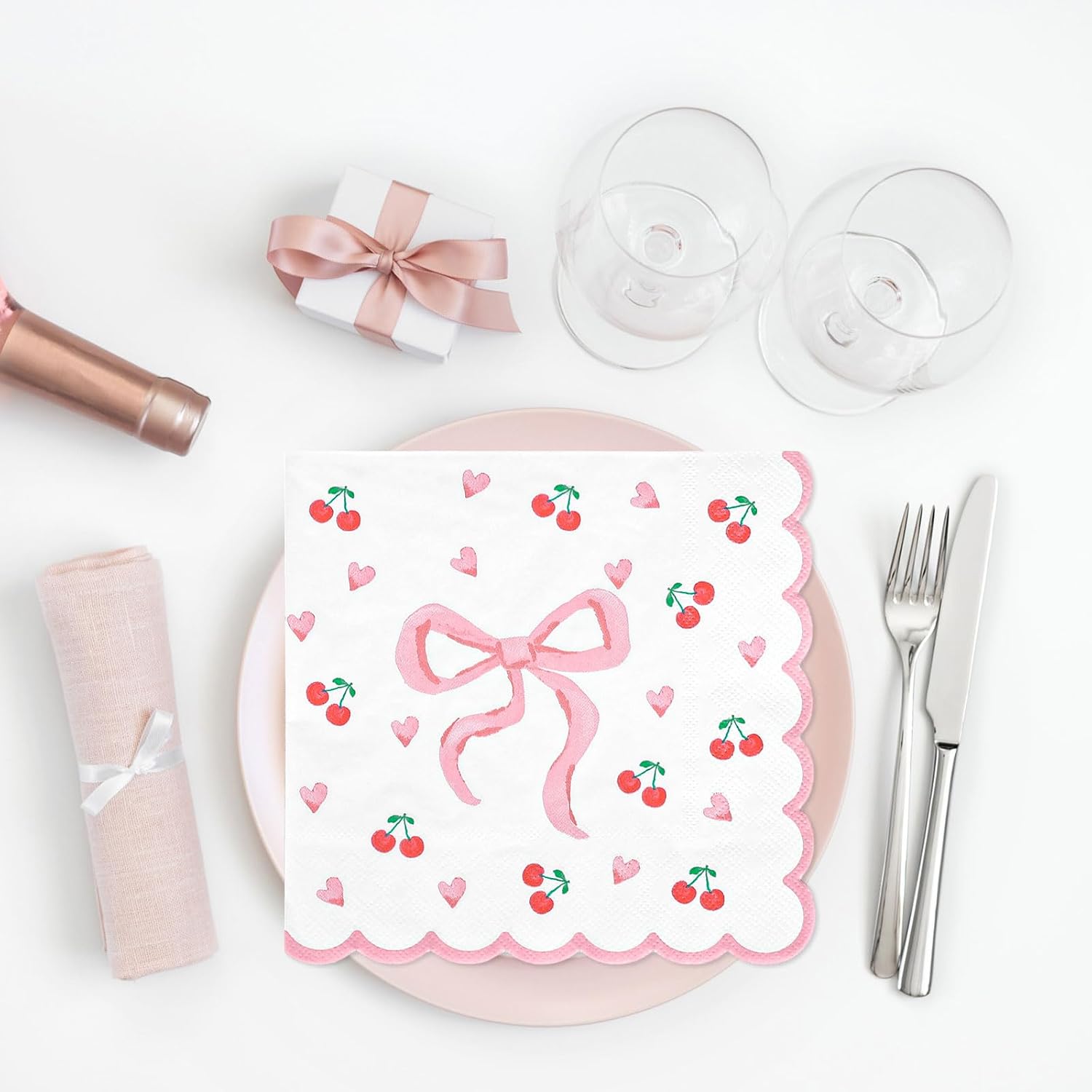 FYSUIMU 50Pcs Pink Bow Napkins Coquette Bow Cherry Heart Paper Scalloped Edge Napkin Disposable Luncheon Dinner Dessert Napkin for Valentine's Day Wedding Bridal Baby Shower Birthday Party Supplies