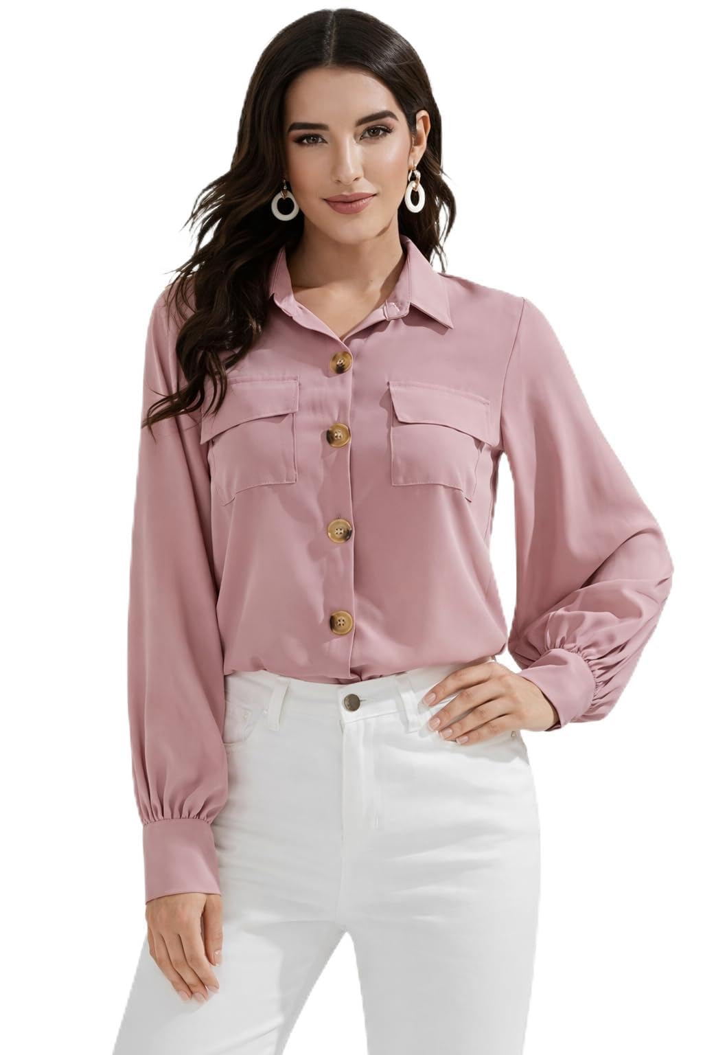 mizago Women's Solid Regular Fit Button Down Double Pocket Shirt-picture-17