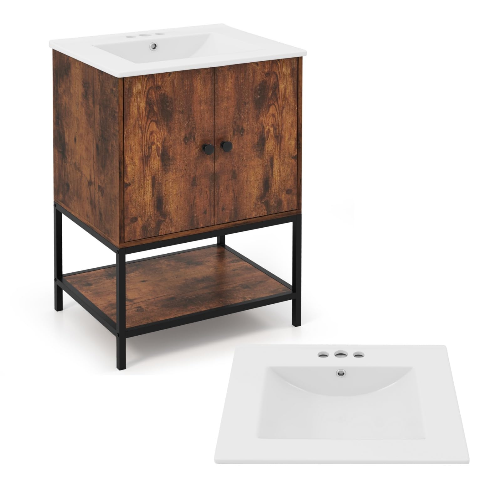 LIFEZEAL Meuble de Salle de Bain avec Lavabo, 61x46,5x87 Cm, Armoire de Salle de Bain avec Vasque en Céramique, Meuble WC Rangement avec Cadre en Fer, Vintage Brown