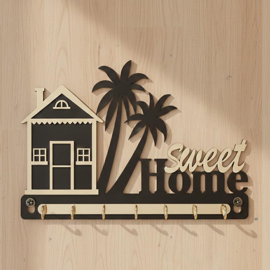 Image of Wooden Key Holder for Wall | Sweet Home Decorative Wall Key Organizer with 7 Stainless Steel Hooks | Premium Home Decor Key Stand for Entrance, Living Room & Office
