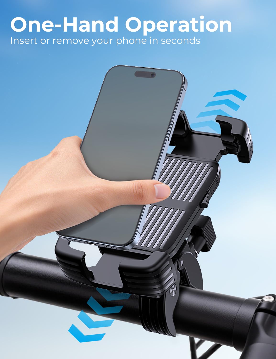 Supporto per telefono da moto per manubrio, con serratura a una mano, design anti-vibrazione, supporto per telefono regolabile a 360°, adatto per smartphone da 4,7 a 7,2 pollici (nero)