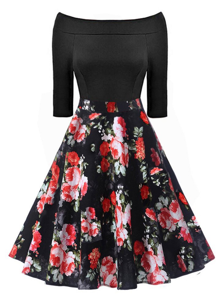 Women's Hollow Floral Print Vintage A-Line Cocktail Party 1950s Dresses with Pockets (M, Red Peony)