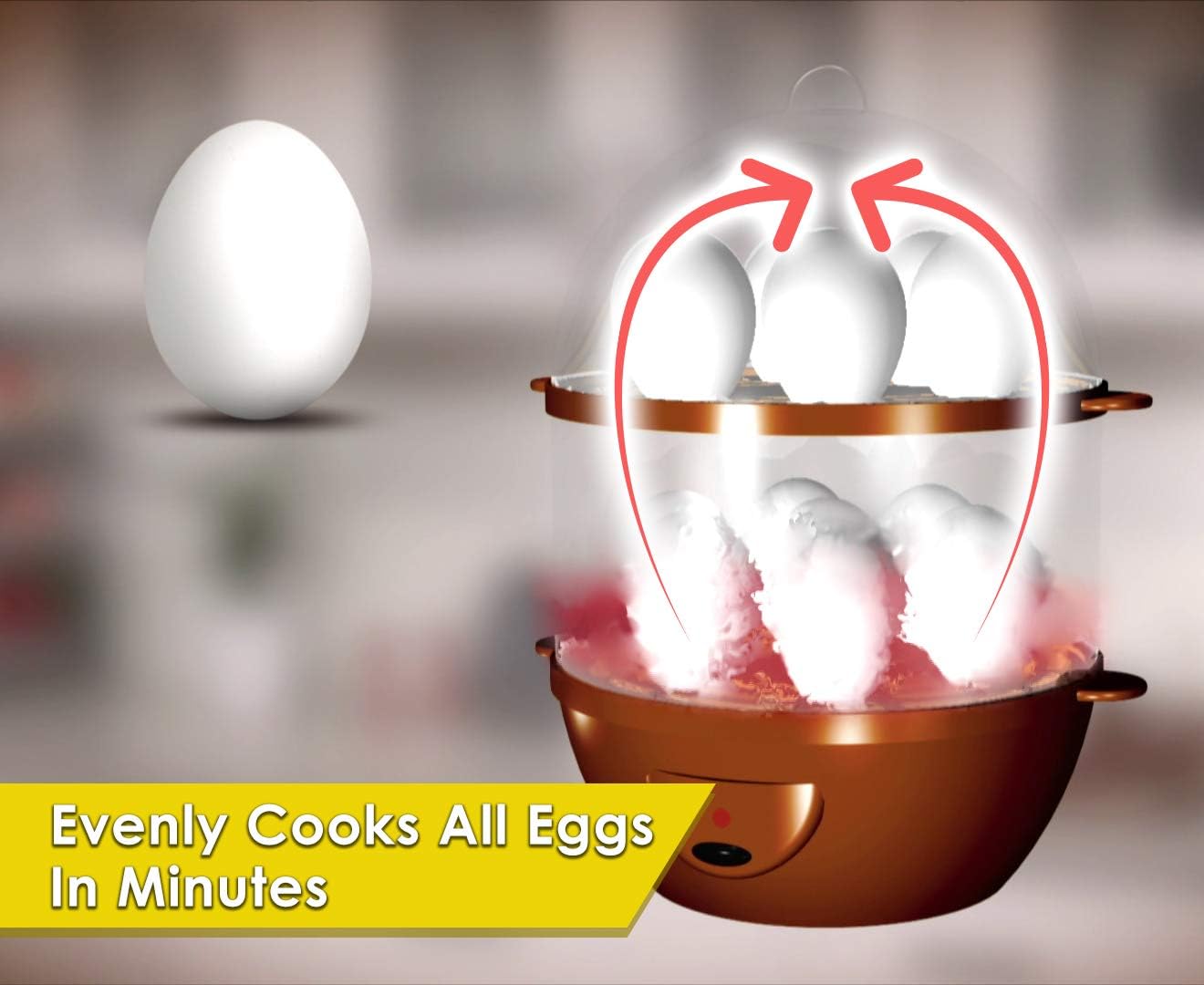 Diagram illustrating the Egg-Right Technology with steam circulating evenly around eggs in the cooker.