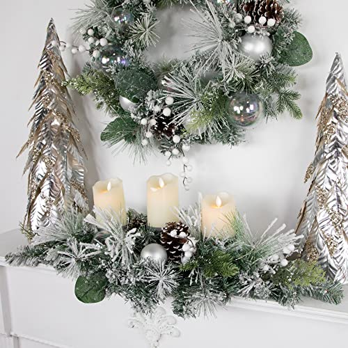 Flocked Pine Triple Candle Holder with Iridescent Christmas Ornaments - 30
