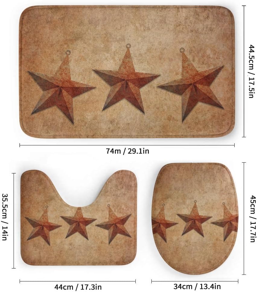Vintage Rustic Iron Stars Theme 70" Shower Curtain Set Western Country Bathroom Set 4 Pcs Texas Star Rugs Americana Toilet Lid Cover Bath Mat A09292